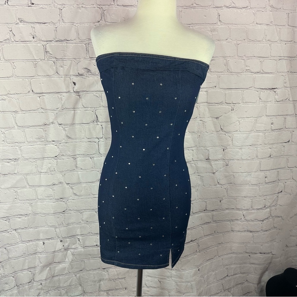 NWT stiletto's Strapless denim mini Dress with rhinestones sz jr small dollywood